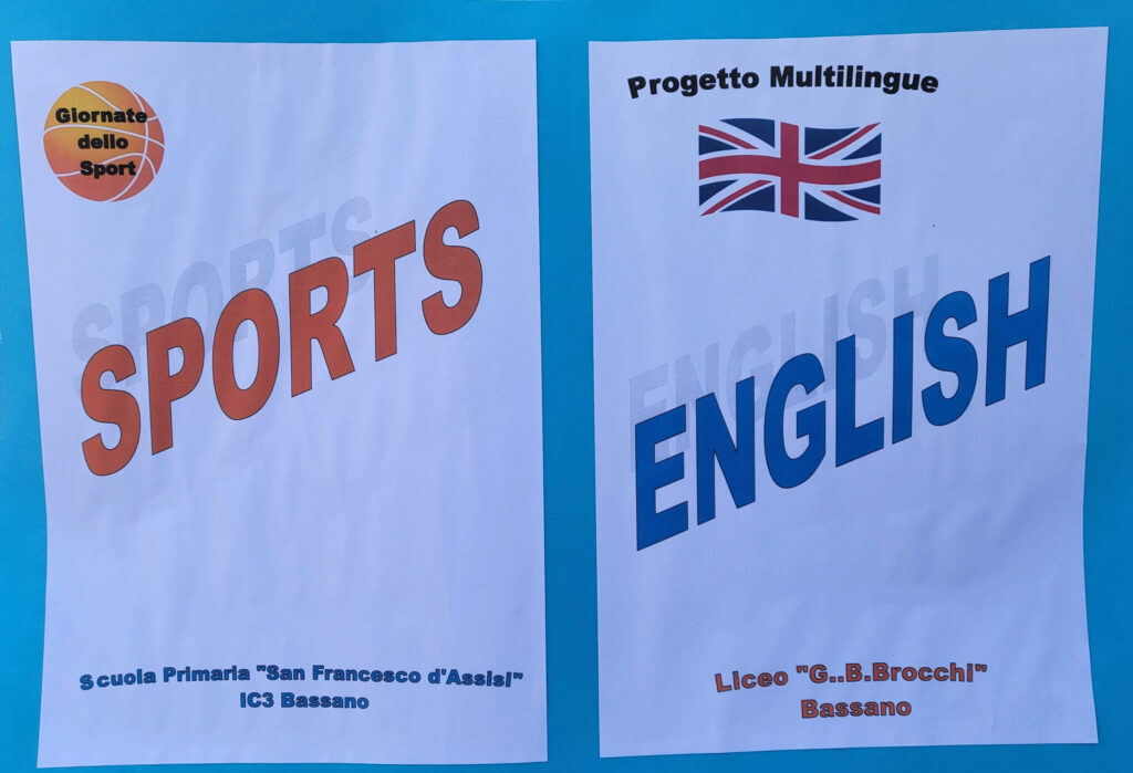 cartelloni azzurri con scritte "sports" English"
